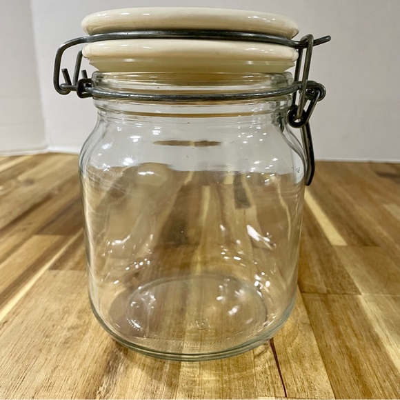 Unique Anchor Hocking Clear Jar Canister With Wire Clamp & Cream Ceramic Lid VTG - Picture 5 of 9